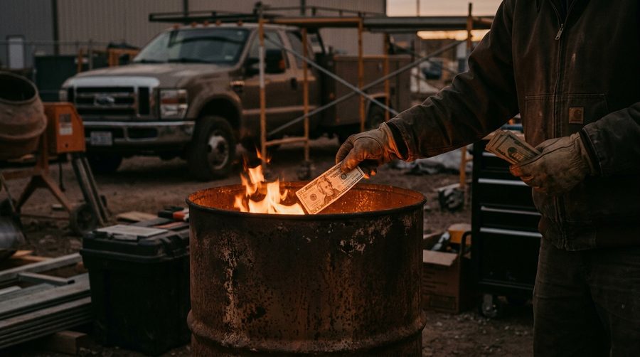 Banknotes going into a burn barrel on a job site