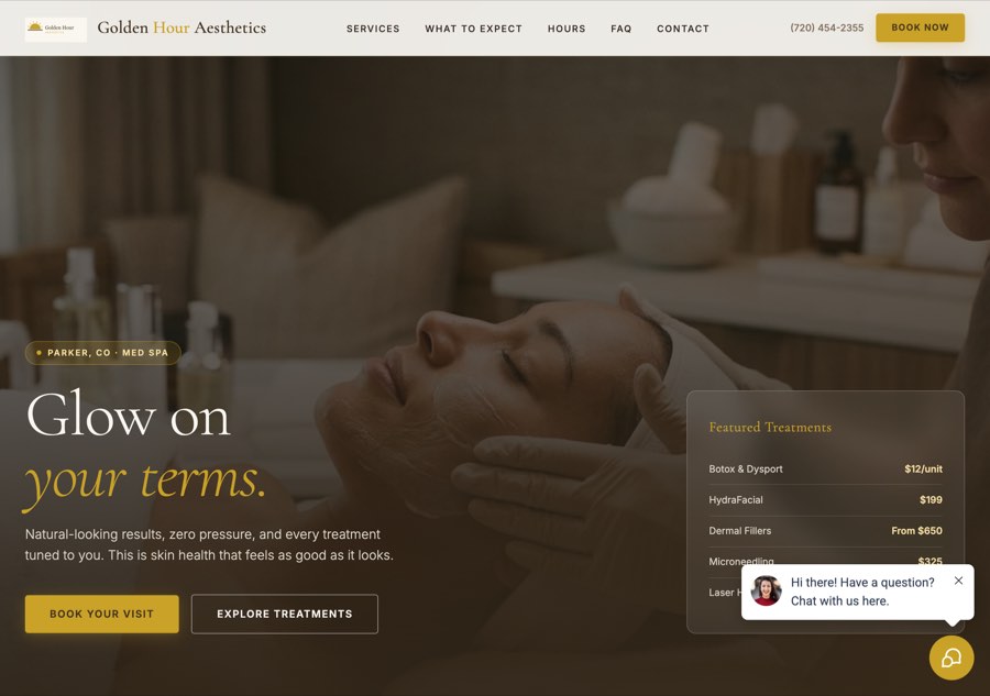 A client site in its own brand, a med spa, with the chat widget open