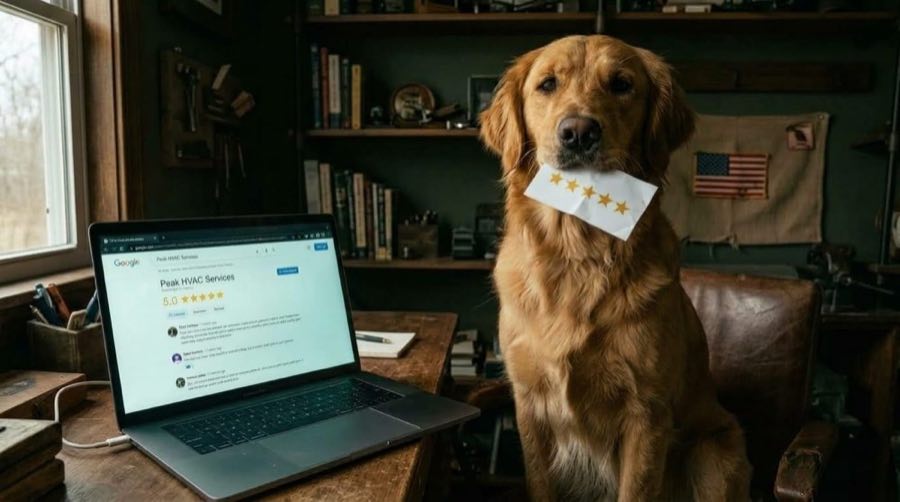 A golden retriever holding a five star review card beside a laptop