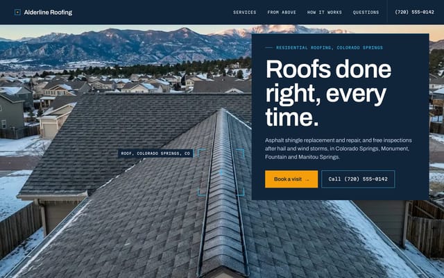 Alderline Roofing, roofing website, Blueprint look, first screen