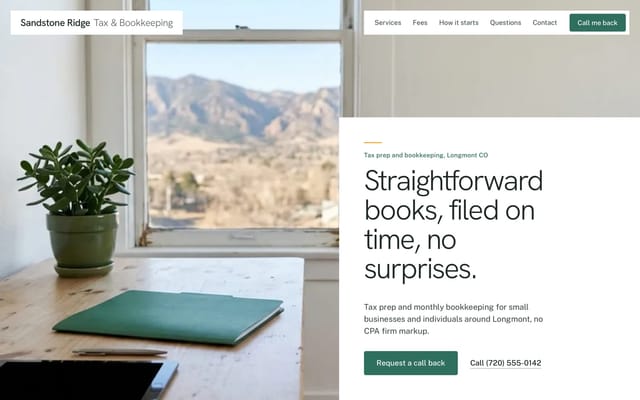 Sandstone Ridge Tax & Bookkeeping, tax and bookkeeping website, Clean minimal look, first screen