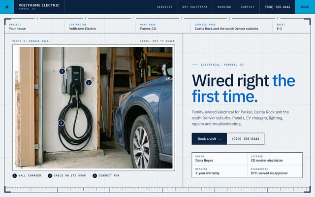 Voltframe Electric, electrician website, Blueprint look, first screen