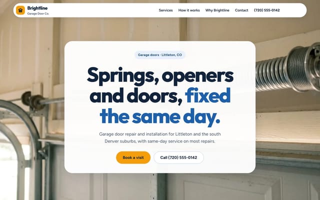Brightline Garage Door Co., garage door repair website, Color field look, first screen
