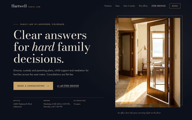 Hartwell Family Law, family law website, Luxe look, first screen