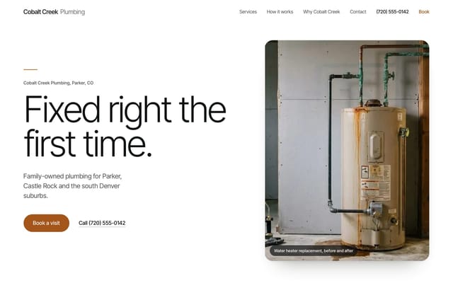 Cobalt Creek Plumbing, plumber website, Minimal look, first screen