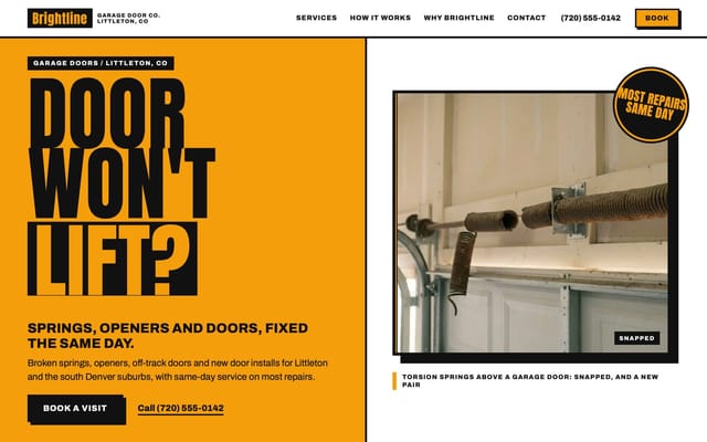 Brightline Garage Door Co., garage door repair website, Poster look, first screen