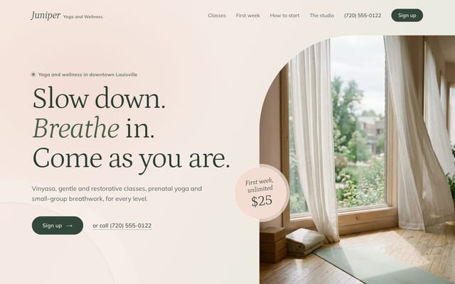 Juniper Yoga and Wellness, yoga studio website, Serene look, first screen