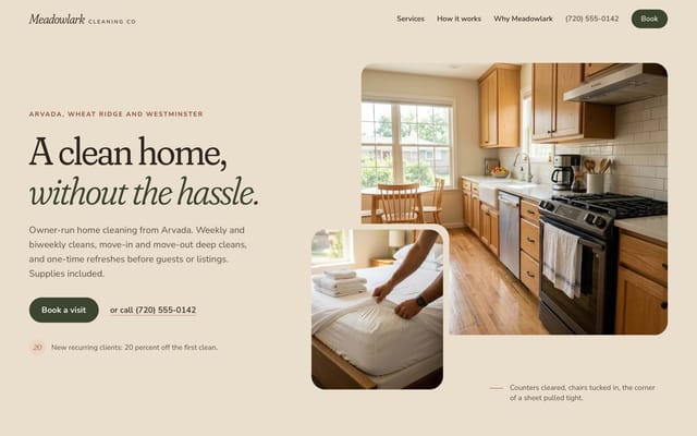 Meadowlark Cleaning Co, house cleaning website, Warm look, first screen