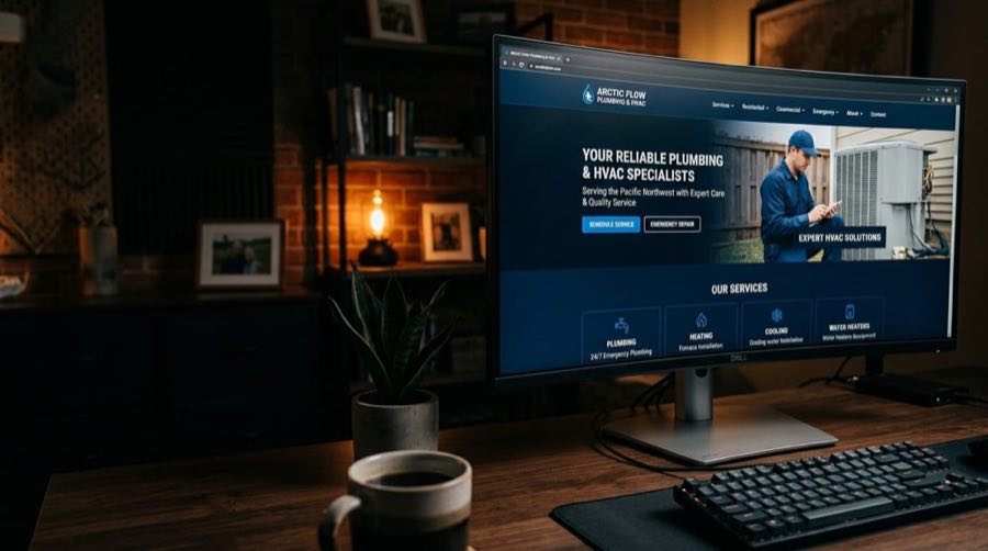 A monitor on a desk showing a business website